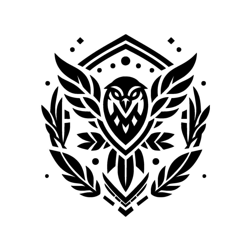 Symbolic Monochrome Owl Design A symmetrical artwork featuring a detailed owl silhouette within a geometric frame, embellished with leaves and dots, conveying wisdom and elegance. vector