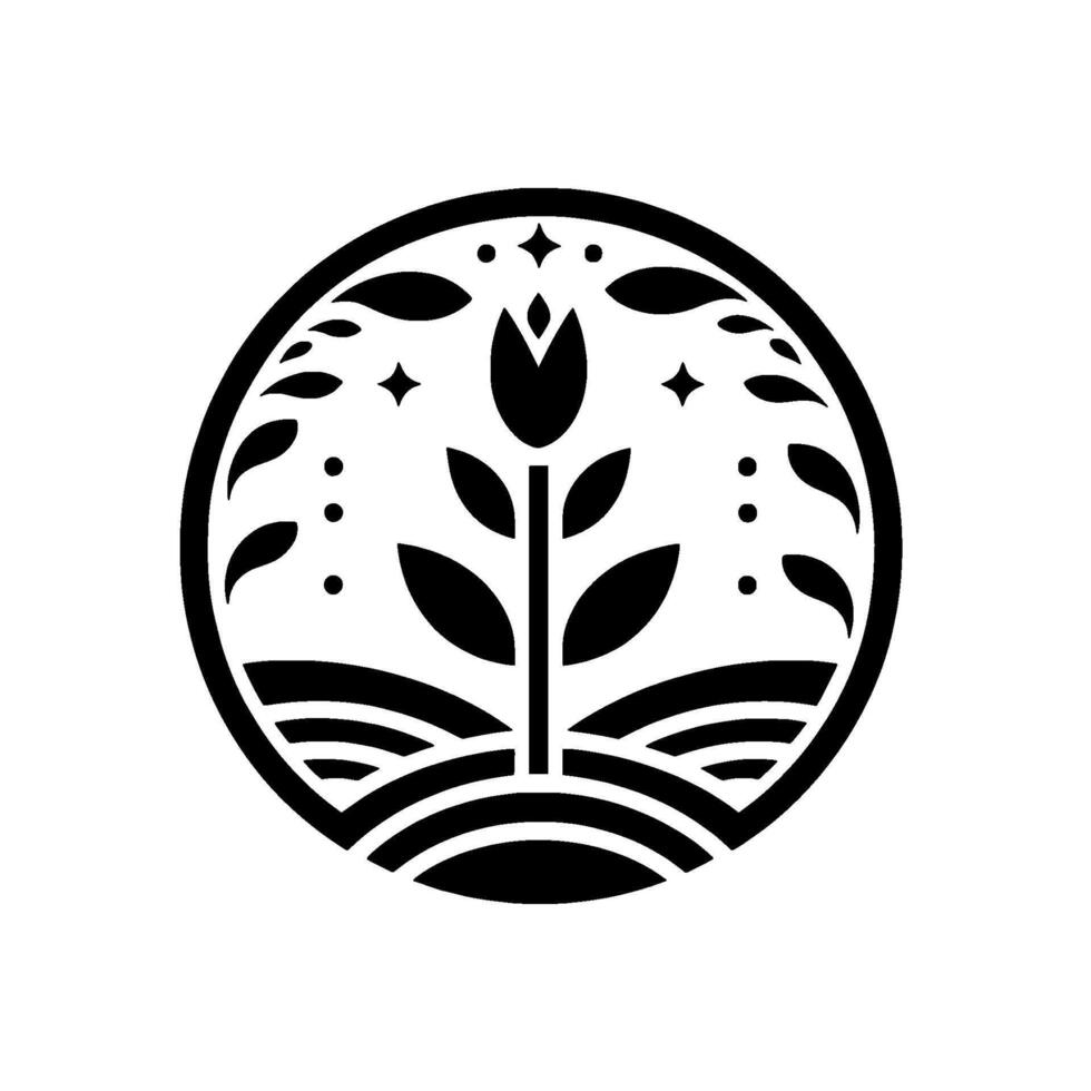 A stylized, minimalist black and white emblem featuring a central tulip rising from stylized fields within a circular border, complemented by celestial accents. vector