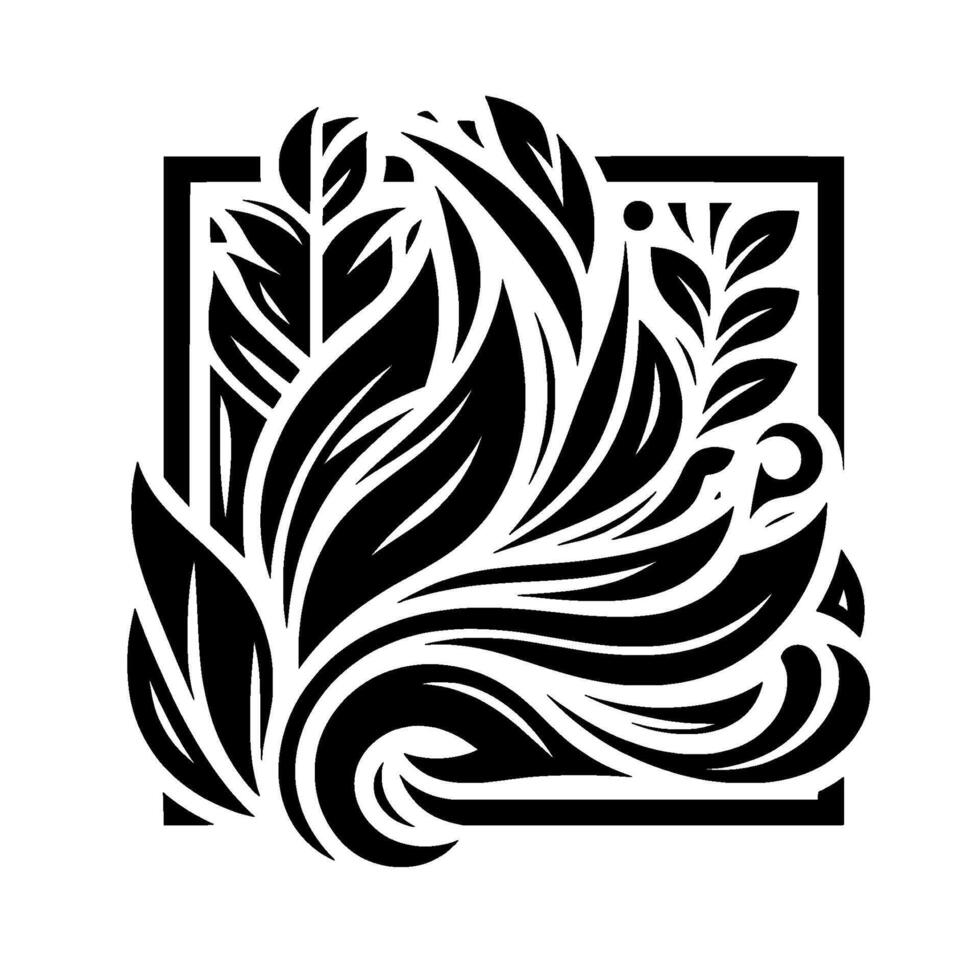A stylized, symmetrical, black and white illustration of organic floral elements, composed within a square frame against a stark white background. vector