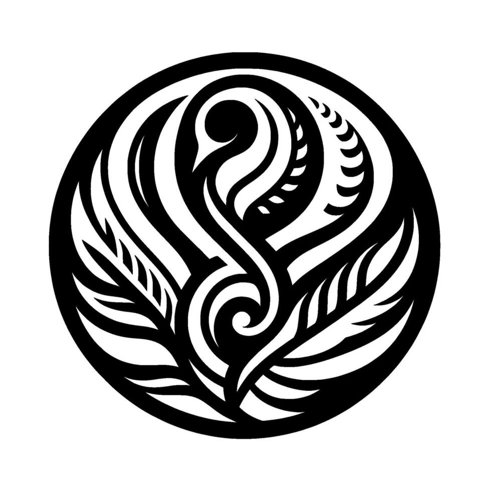 Elegant Monochrome Emblem Stylized Swan with Leafy Accents, Nestled in a Circular Frame, Evoking Modern Art and Design. vector