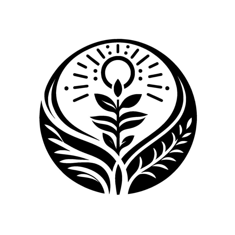 A stylized, black and white featuring a central plant, a sun with radiating lines and leaves, enclosed within a circular frame, conveying growth and nature. vector