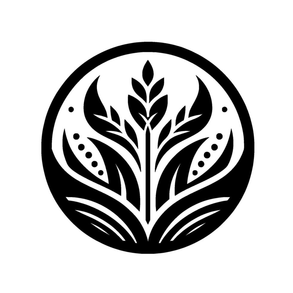 Elegant Black White Botanical Circle Emblem Featuring Stylized Leaves, Dots, and a Central Grain Spike, Evoking Natures Harmony. vector