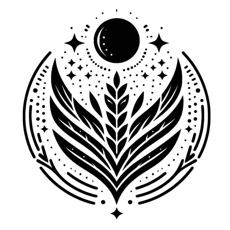 Intricate Celestial Emblem Leafy Symbol with Moon, Stars, and Decorative Circular Frame in Elegant Black and White Design. vector