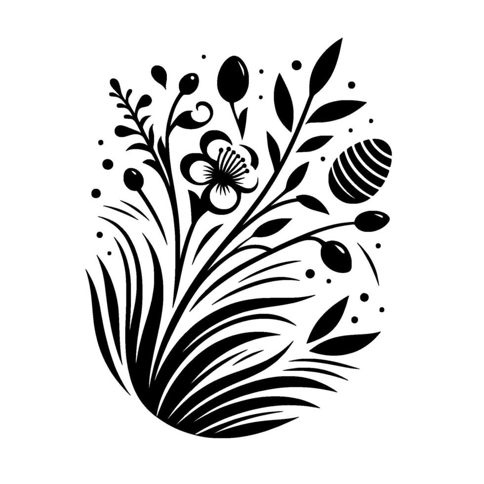 Elegant Black and White Easter Design A stylized arrangement of floral elements, including a flower, an egg, leaves, and dots, composed in an oval shape, signifying spring. vector