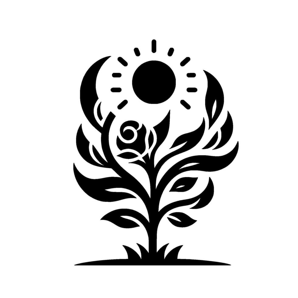 Symbolic Black and White Illustration of a Blooming Plant with a Rose, Sunlight, and Crescent Moon Motif, Representing Growth, Life, and Nature. vector