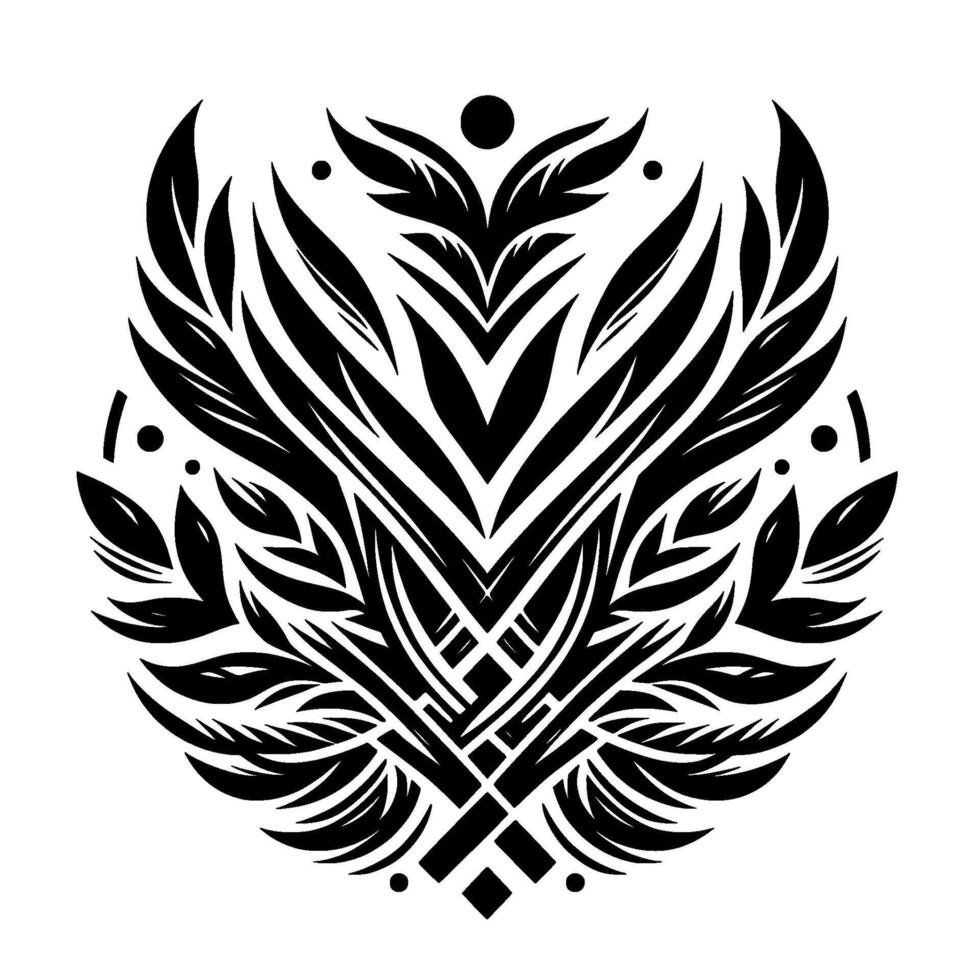 Intricate Black and White Floral Emblem with Organic Leaves, Bold Lines, and Symmetrical, Geometric Design. vector