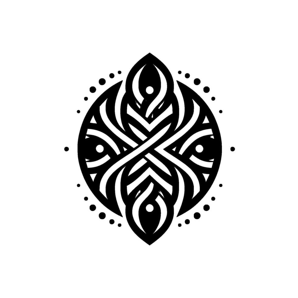 Elegant Black and White Abstract Geometric Ornament with Symmetrical Intertwined Lines, Eyelike Shapes, and Dot Border on White. vector