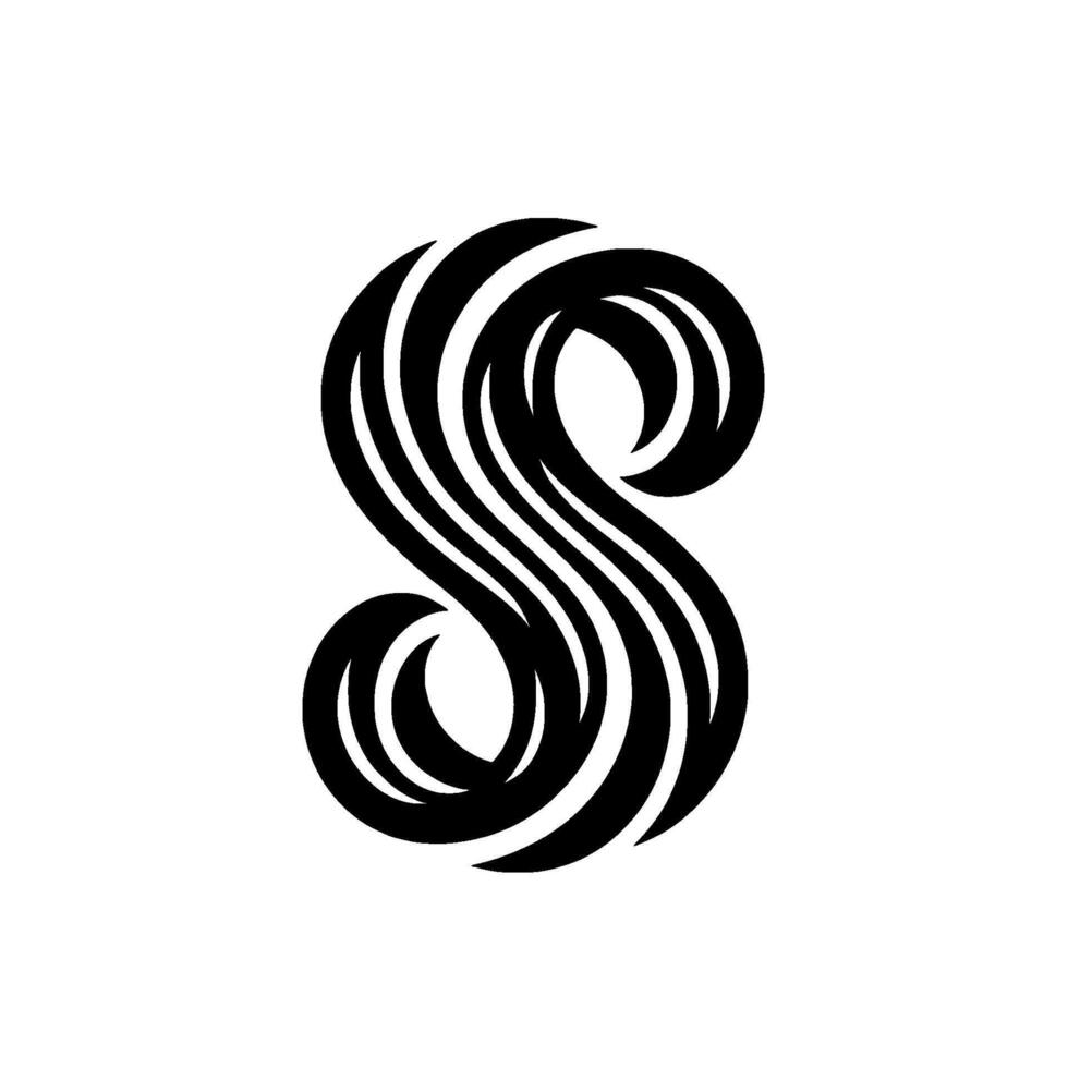 Bold Black Letter S with Flowing Lines and Elegant Curves on a Pristine White Background, Showcasing Typography and Artistry. vector