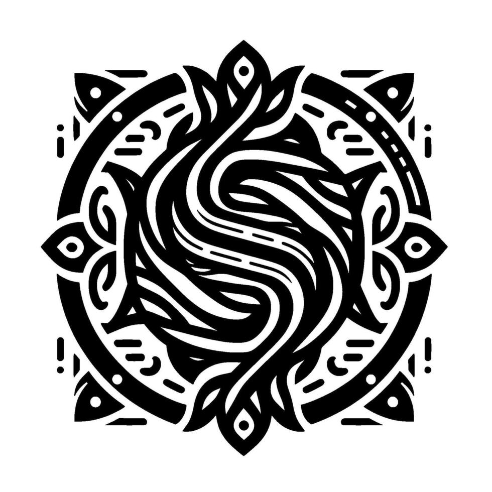 Intricate Black and White Circular with Floral and Geometric Elements, Featuring a Swirling Central Motif. vector