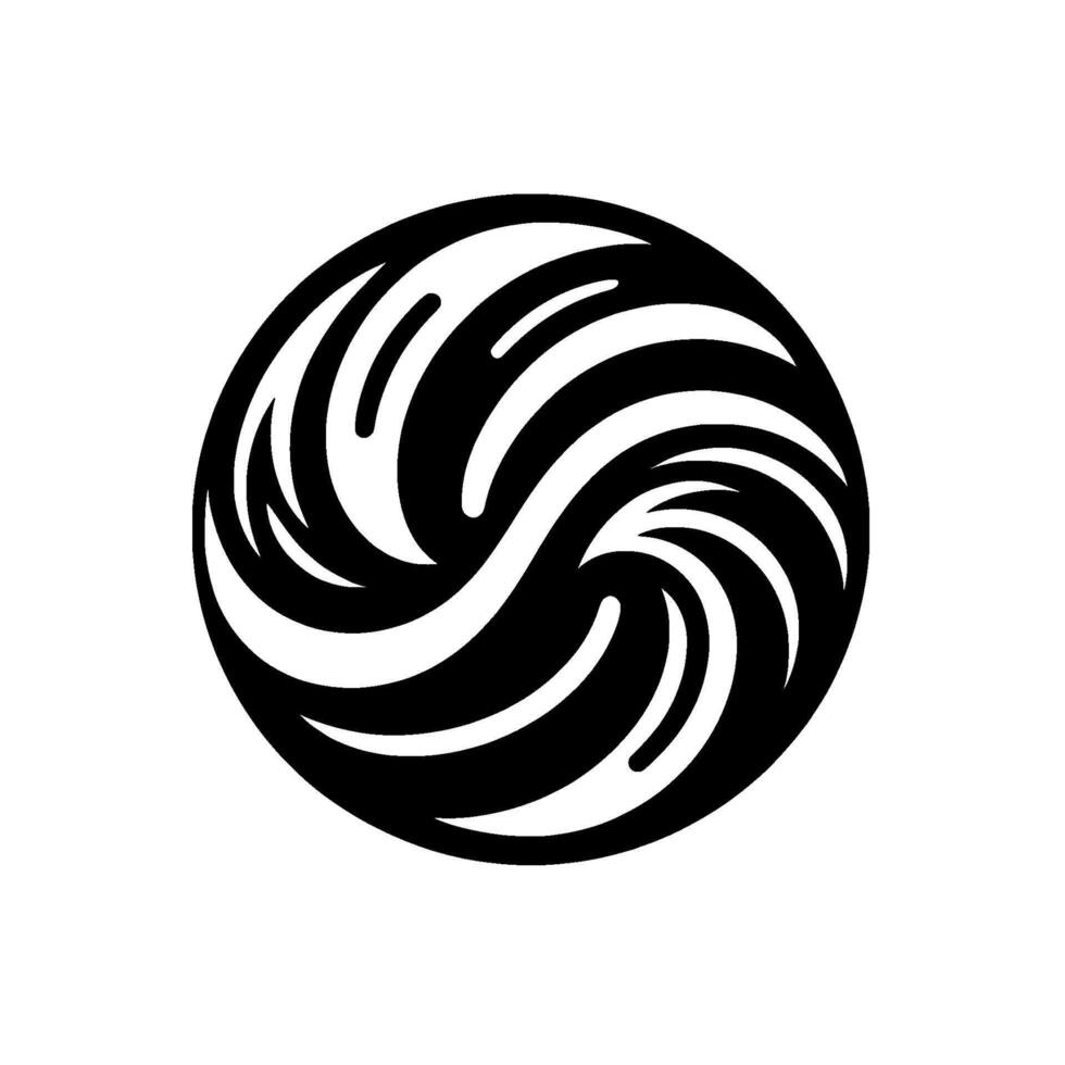 A symmetrical, of intertwined, stylized wavelike forms within a circular, black and white composition, evoking movement and energy. vector