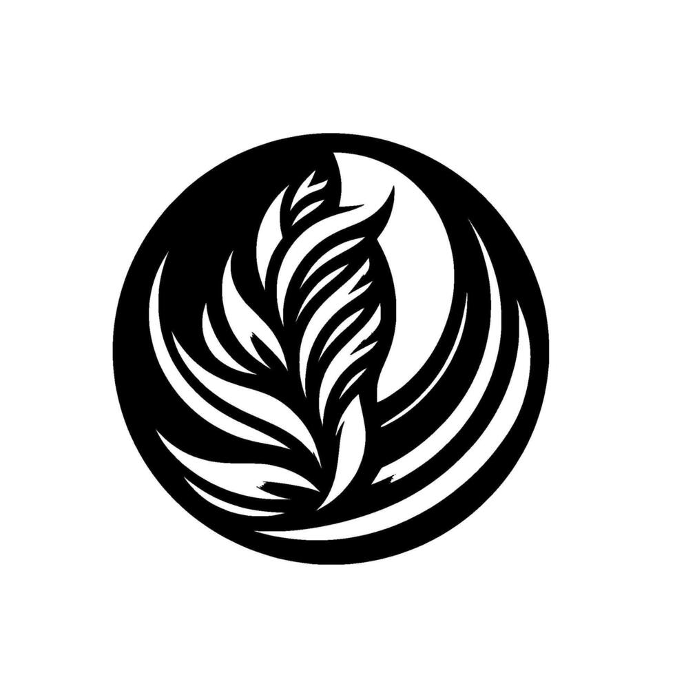 Abstract Black and White Emblem A stylized featherlike within a circular frame, suggesting growth and movement against a stark white backdrop. vector