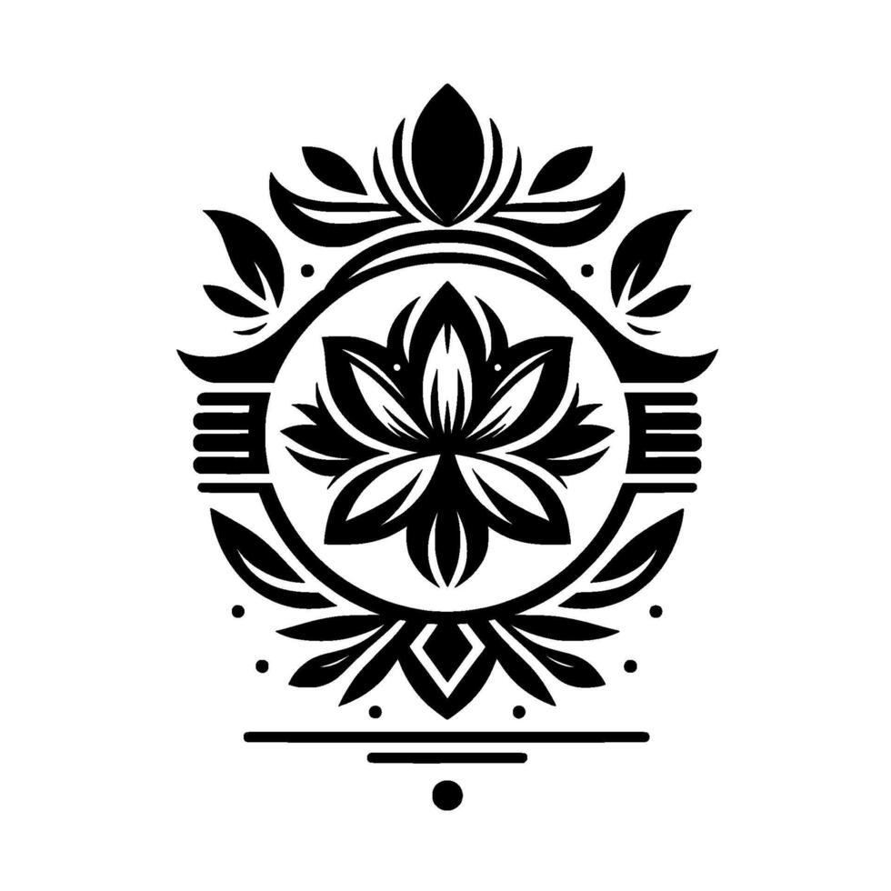 Intricate Black and White Floral Mandala Design A symmetrical composition featuring a lotus flower centerpiece and surrounding botanical elements, showcasing a modern aesthetic. vector