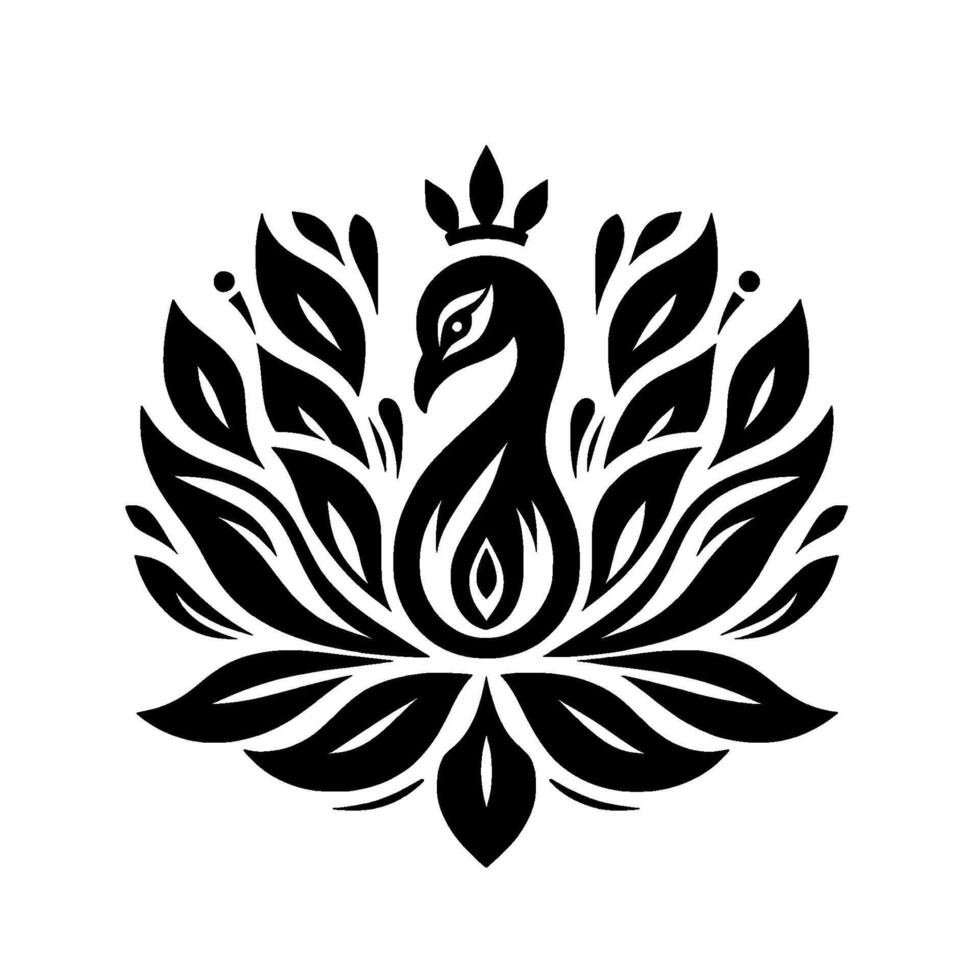 Elegant Monochrome Peacock Logo Crowned, stylized bird centerpiece surrounded by symmetrical floral elements, perfect for luxury brands and spiritual concepts, evoking beauty and grace. vector