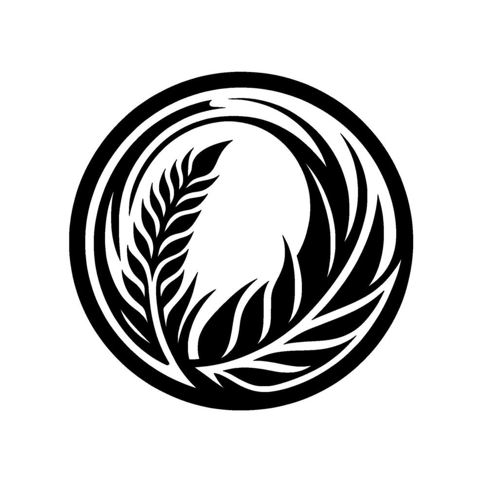 Circular Black and White Featuring Symmetrical Plant Elements, Grain and Leaf, with a minimalist aesthetic. vector