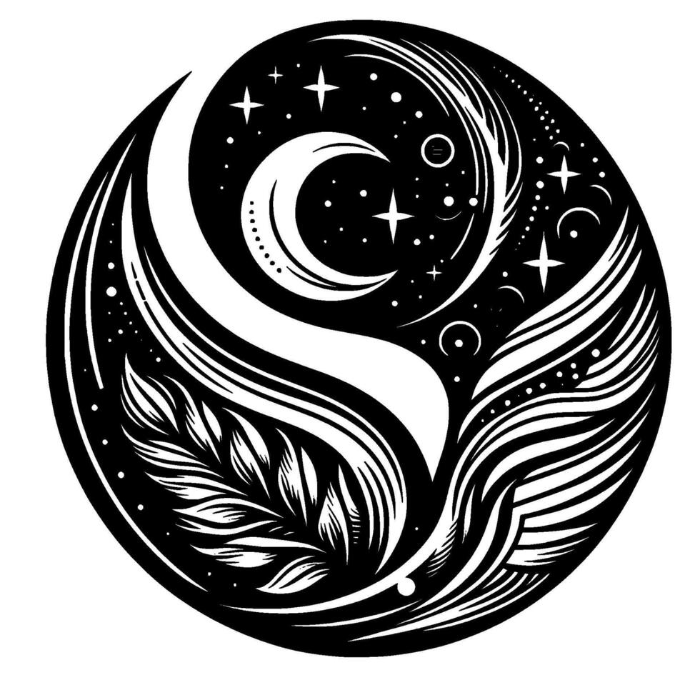 Celestial Emblem A black and white circular illustration featuring a crescent moon, stars, flowing lines and feather motifs, evoking a sense of cosmic harmony. vector