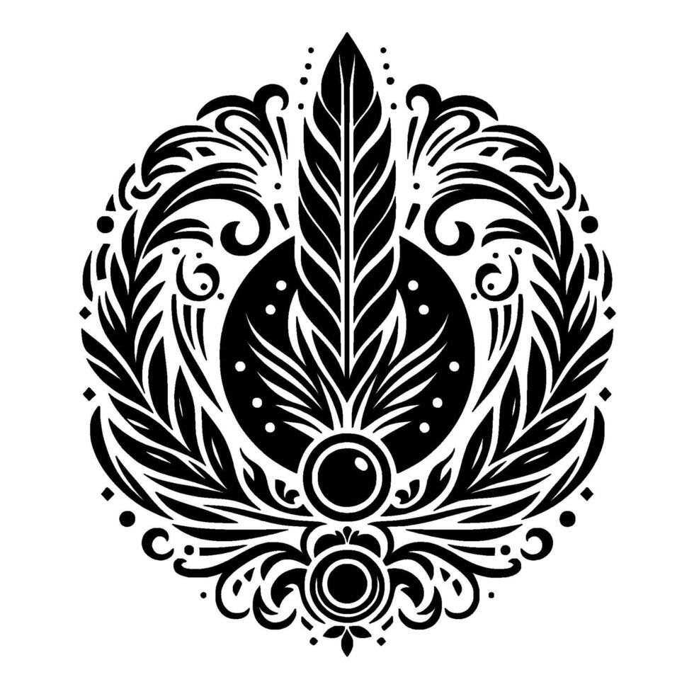 Intricate Black and White Ornamental Design A symmetrical, circular composition featuring stylized feather, floral, and geometric elements, evoking a sense of balance and elegance. vector