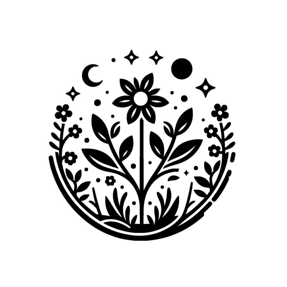 A stylized, symmetrical illustration within a circle, showcasing a central flower with leaves and supporting foliage, encircled by small flowers, celestial bodies, stars, and dots in a minimalist mono vector