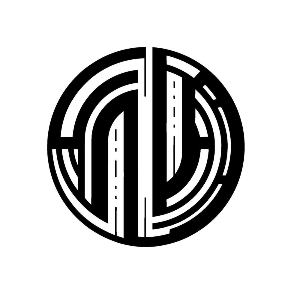 A minimalist monochrome design, a circular emblem comprised of black and white geometric shapes forming abstract letterforms and implied shapes on a clean white background. vector