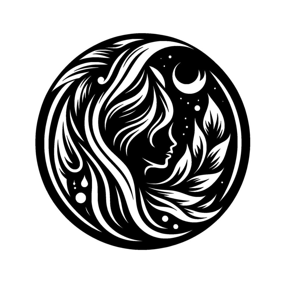 A stylized, monochromatic silhouette of a womans profile framed within a circle, blending elements of nature like leaves and flowing hair, under a celestial night sky with a crescent moon and stars. vector