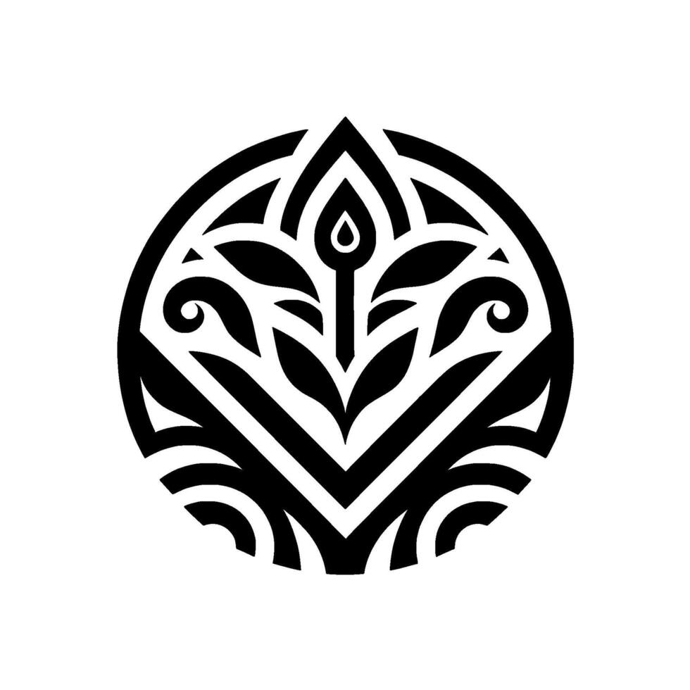 Black and white circular emblem featuring stylized floral elements, including leaves, a central bud, and decorative swirls, set against a clean white backdrop. vector