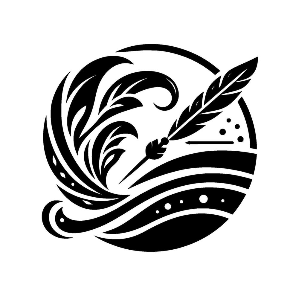 Black and white stylized logo, a feather quill angled across a circle with floral and wavelike flourishes, against a white backdrop. vector