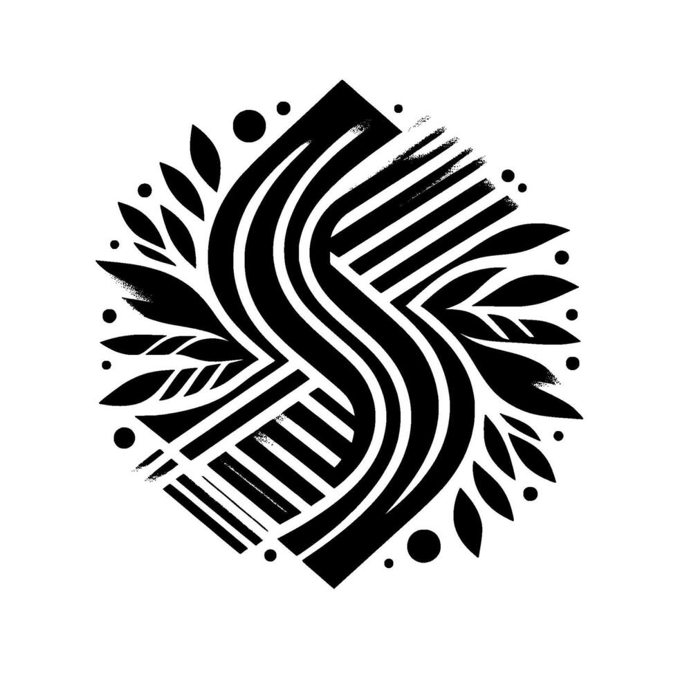 A symmetrical, geometric artwork featuring a stylized S shape formed by curved and linear black lines, accented by leaflike elements and dots, set against a clean white background. vector