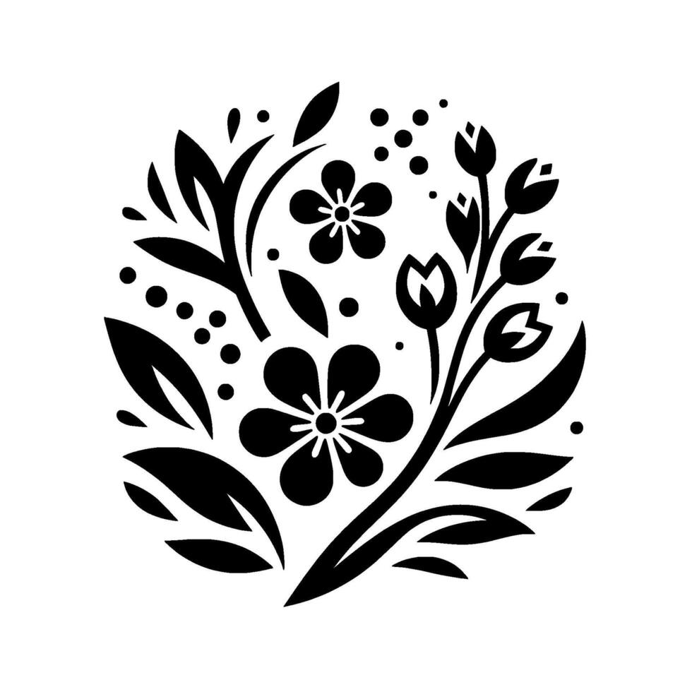 Elegant Black Floral Composition A Circular Arrangement of Stylized Flowers, Buds, and Leaves in Design, Emphasizing Simplicity and Contrast. vector
