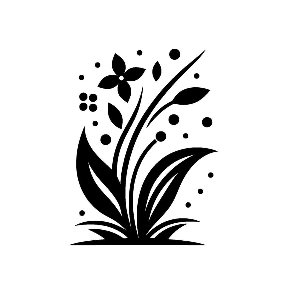 A stylized black and white floral featuring a prominent fourpetal flower, leaves, and dot accents. vector