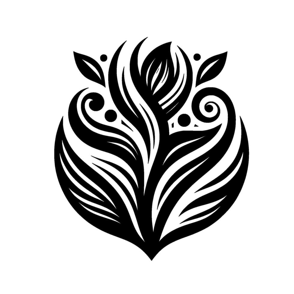 Intricate Black and White Floral Design, Featuring Curving Petals, Swirls, and Leafy Accents, on a Plain White Background, Evoking Elegance. vector