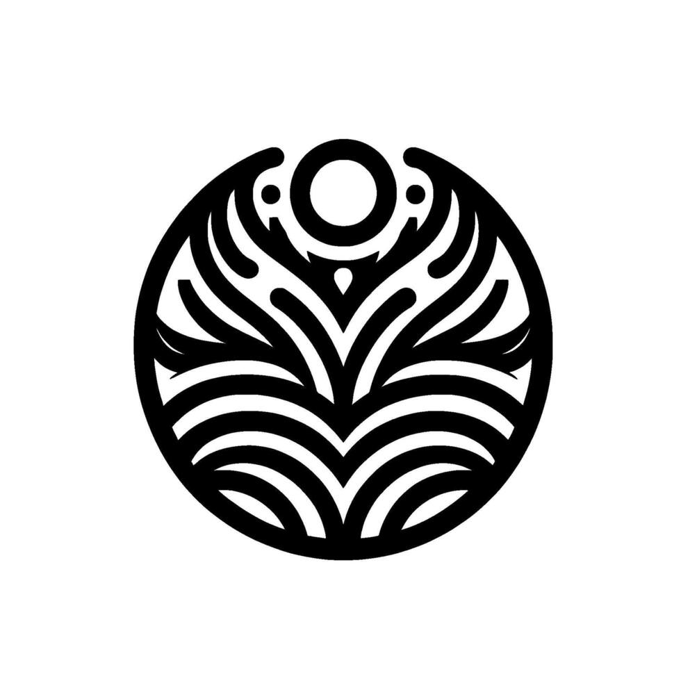 Intricate black and white symmetrical emblem, a circular featuring stylized leaflike patterns, a central circle, and small dots, creating a minimalist and elegant aesthetic on a white backdrop vector