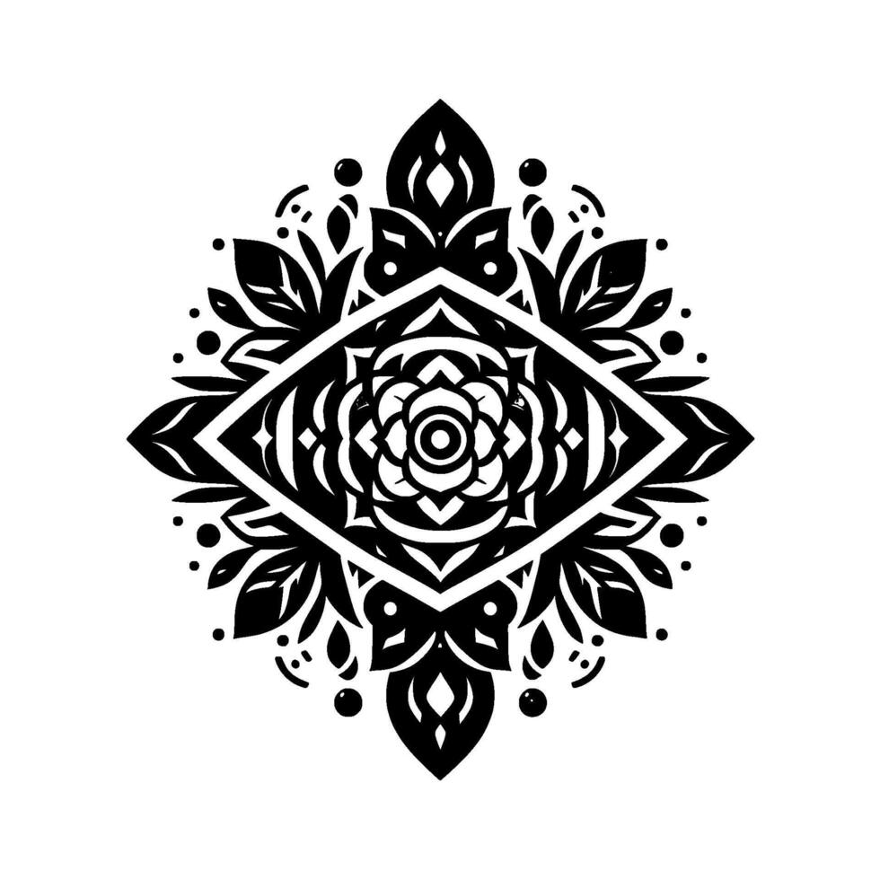 Intricate Black and White Ornamental Mandala, Geometric Floral with a Central Rosette and Diamond Shape, Symmetrical Pattern on a White Background. vector