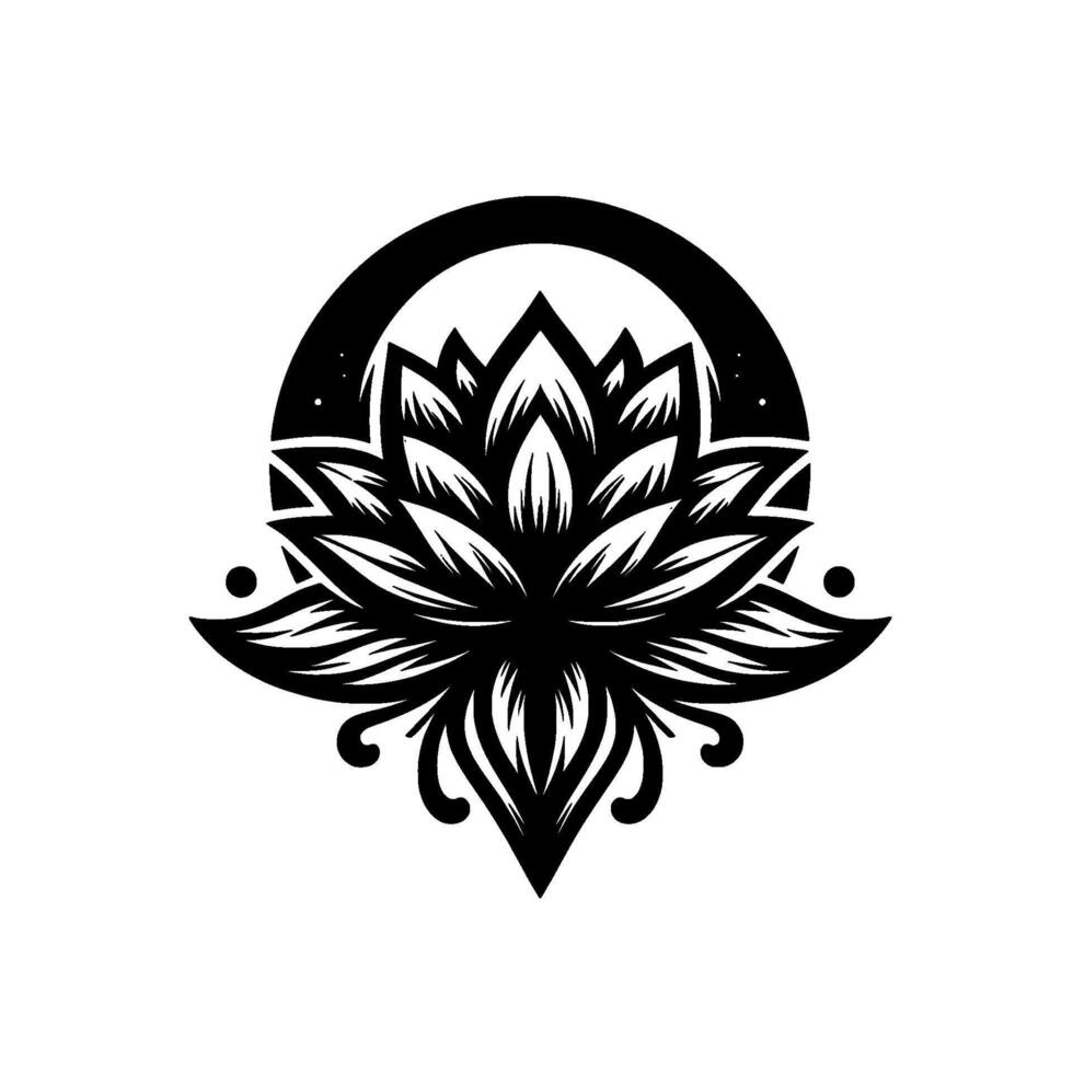 Intricate Black and White Lotus Mandala, Encircled by a Halo, with Detailed Petals and Ornate Flourishes, Set Against a Clean White Backdrop. vector
