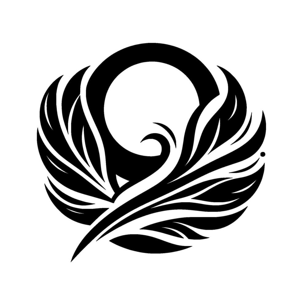 Elegant Black and White Abstract Featuring FeatherLike Elements Enclosing a Circular Shape with a Symmetrical Composition, Suggesting Flight or Grace. vector
