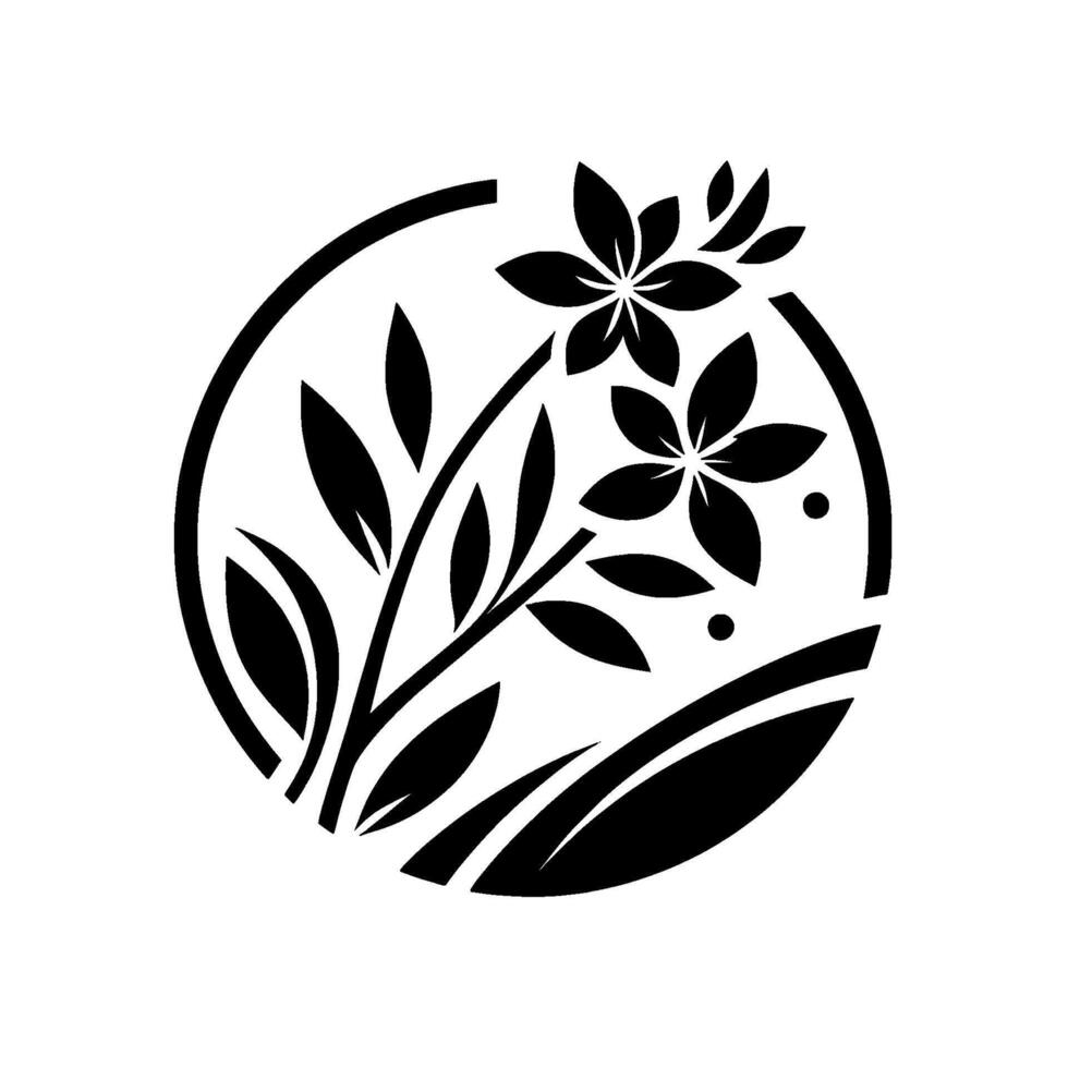 Minimalist Floral Emblem Black and White Botanical Enclosed in a Circle, Featuring Flowers, Leaves, and Delicate Details. vector