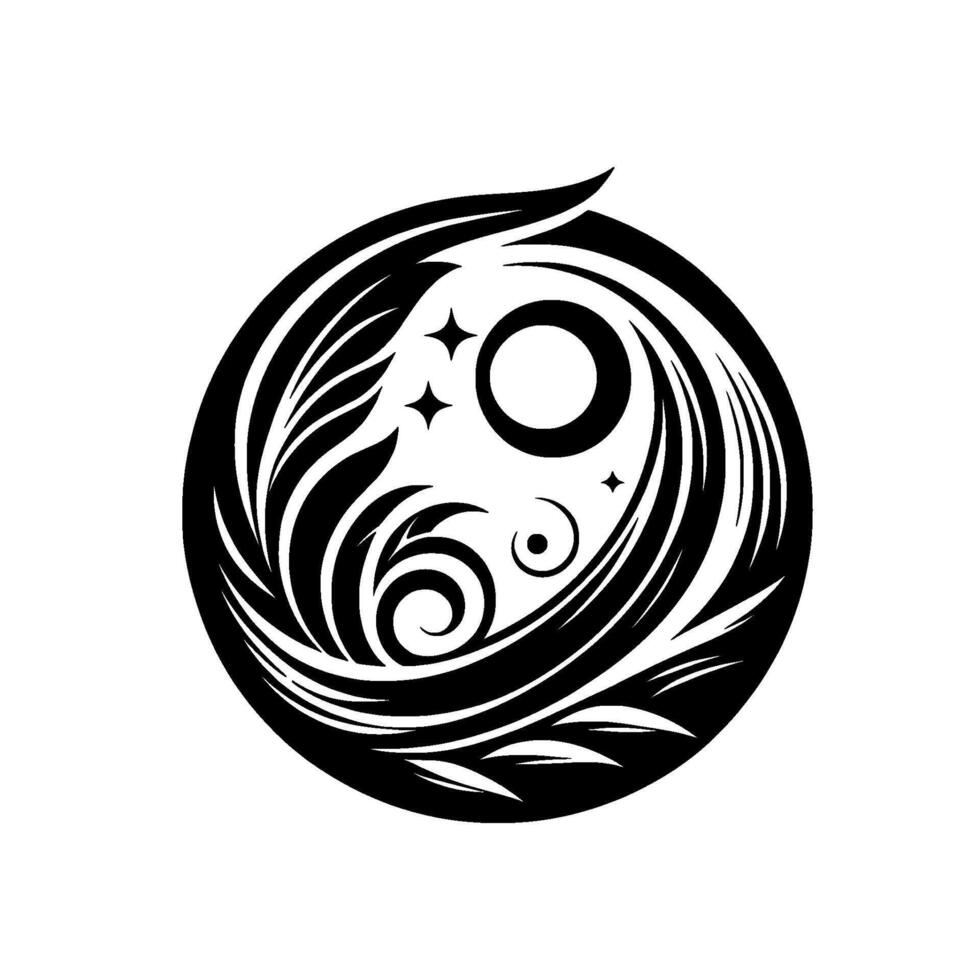 A stylized, circular black and white featuring swirling patterns, leaflike elements, and celestial motifs like stars and a sunlike form, all contained within a defined, circular frame. vector