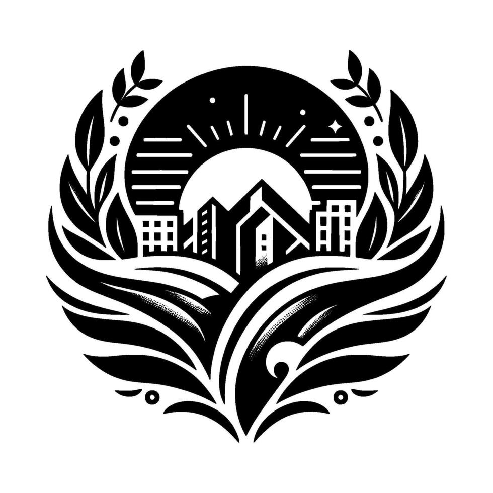 Monochrome Emblem Cityscape within a circular organic design, evoking a sense of harmony between urban development and natures embrace. vector
