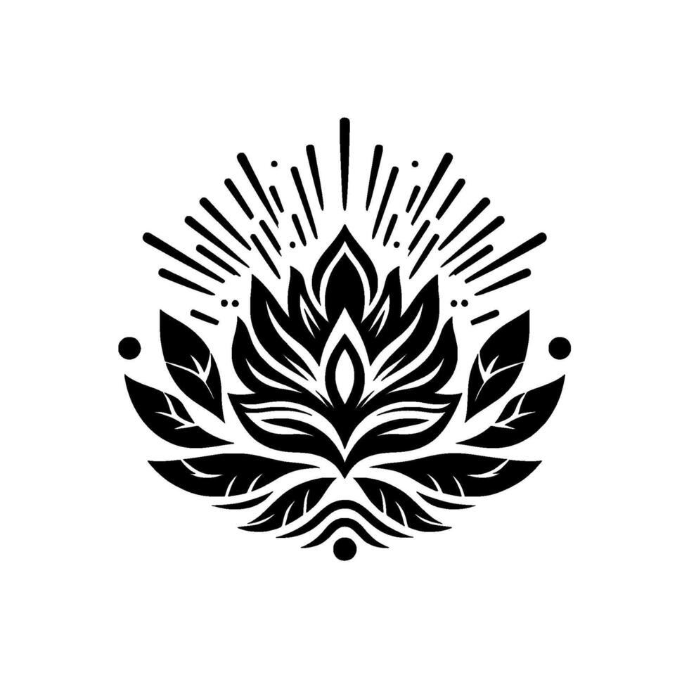 A striking monochrome illustration of a stylized lotus flower with radiating lines and stylized leaves, symbolizing purity and enlightenment on a white background. vector