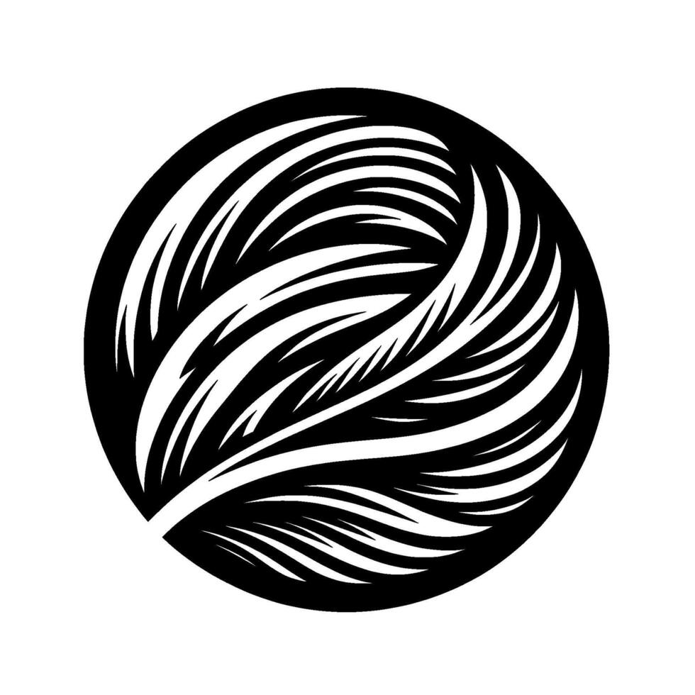 A stylized black and white circular featuring layered, curved featherlike forms, creating a dynamic composition within a solid circle against a white background. vector