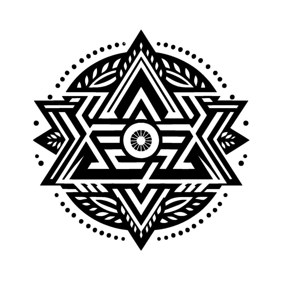Intricate Black and White Geometric Mandala Featuring Star, Leaf, and Circular Elements vector