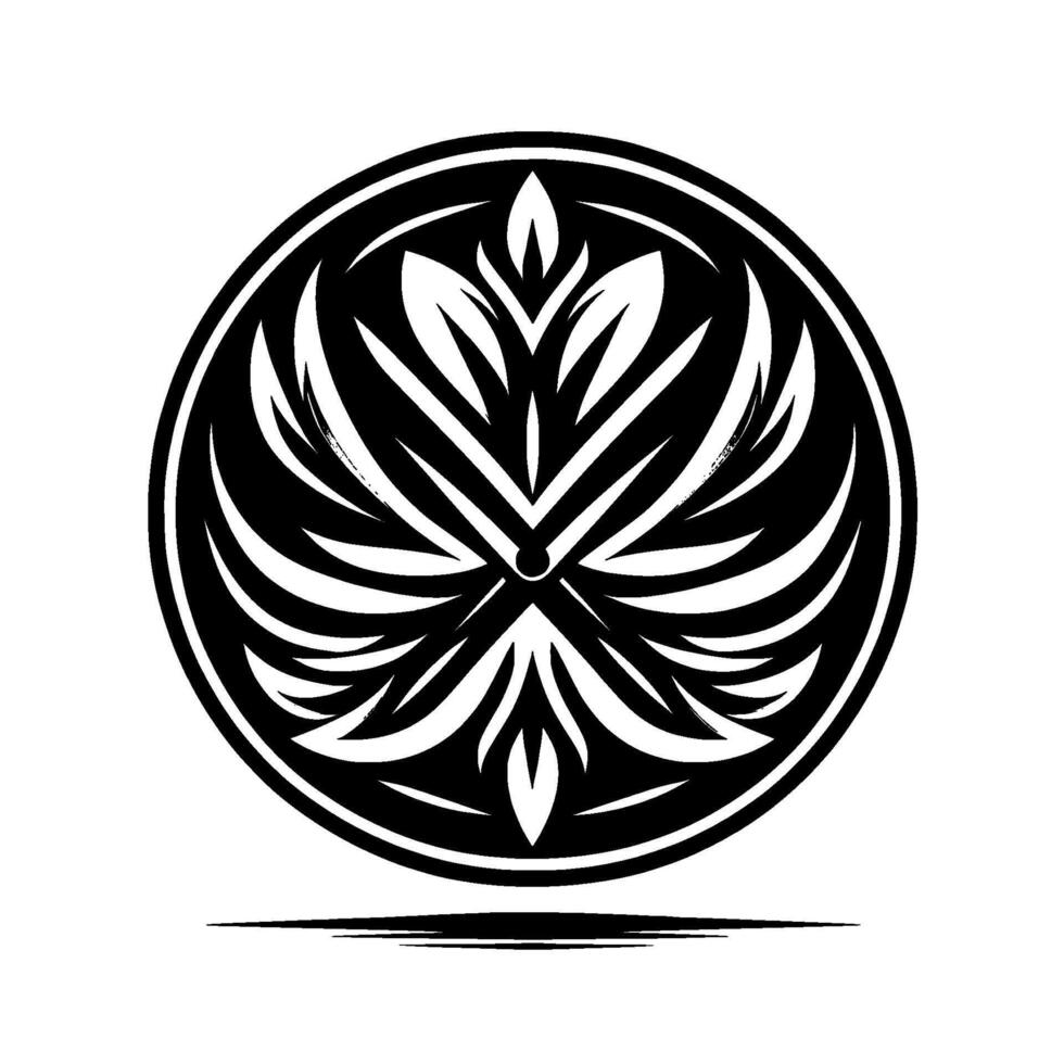 A symmetrical, monochromatic of stylized leaves arranged within a circular frame, featuring a central point and shadow. vector