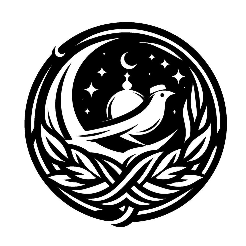 A stylized monochrome illustration of a bird wearing a hat perched within a nest, framed by crescent moons and stars, suggesting a serene night. vector