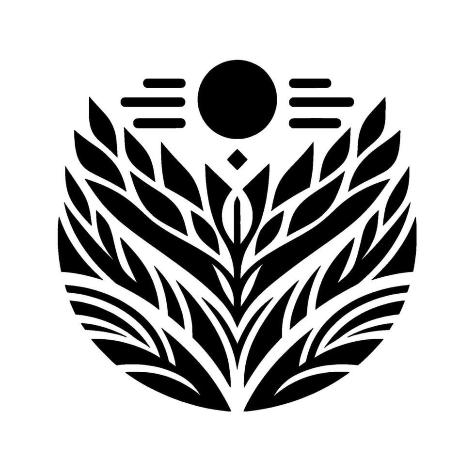 A symmetrical, stylized black and white emblem featuring botanical elements like leaves and a central stylized flower, with a sunlike orb and horizontal lines above. vector