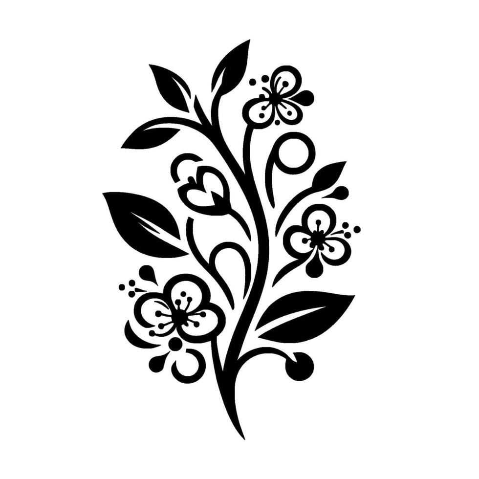 Elegant Black and White Floral Illustration featuring stylized flowers, leaves, and a swirling stem against a white background, evoking a sense of refined beauty and simplicity. vector