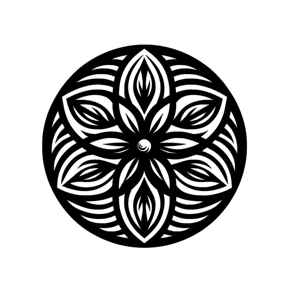 Intricate Black and White Circular Mandala Design Floral Motif with LeafShaped Petals, Geometric Stripes, and a Central Spiral on a Clean White Background. vector