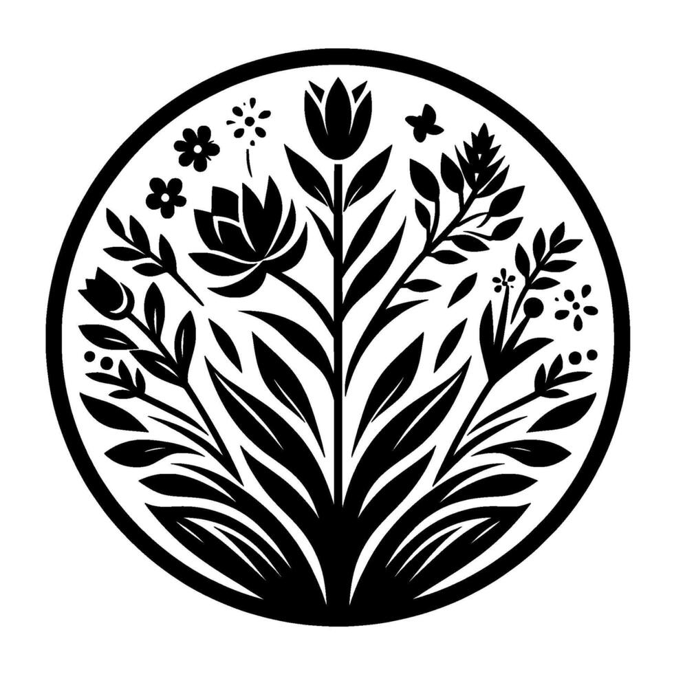 Intricate black and white floral within a circular frame, featuring stylized blossoms, leaves, and branches in a symmetrical arrangement. vector