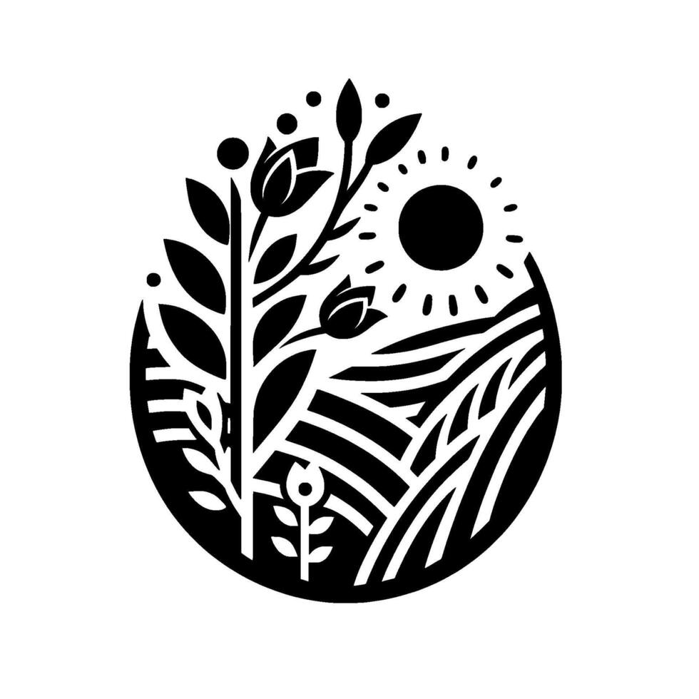 A stylized black and white oval composition featuring a sunny landscape, floral elements, and agricultural fields, symbolizing nature. vector