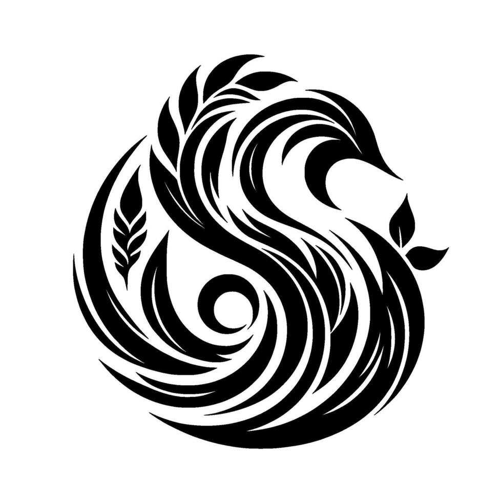 Abstract Floral Yin Yang Black and White Symbol Depicting Balance, Harmony, and Natural Elements in a Circular Swirl Composition. vector