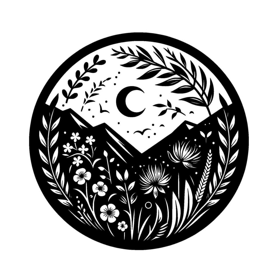 A monochromatic circular emblem depicting a stylized nature scene with mountains, wildflowers, a crescent moon, and foliage, conveying tranquility. vector
