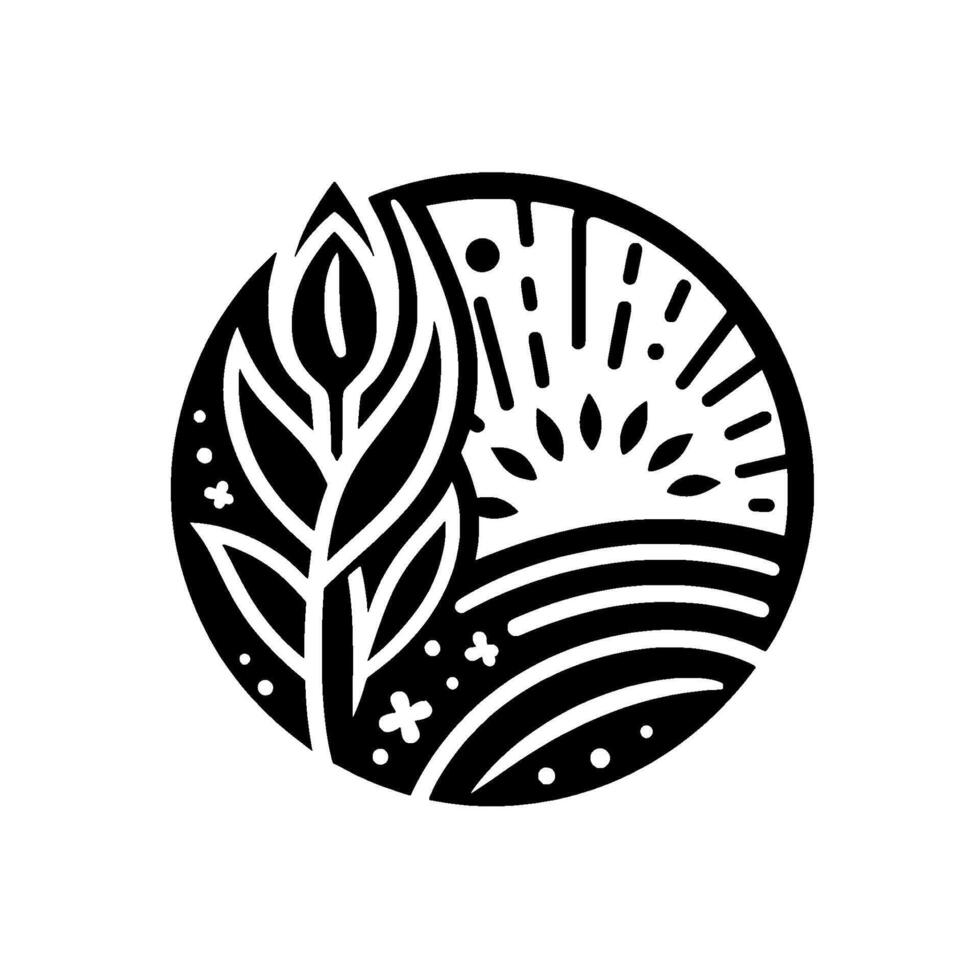 Black and White Circular Illustration Depicting a Blooming Plant, Sunrise, and Field, Stylized for a Modern and Minimalist Aesthetic. vector