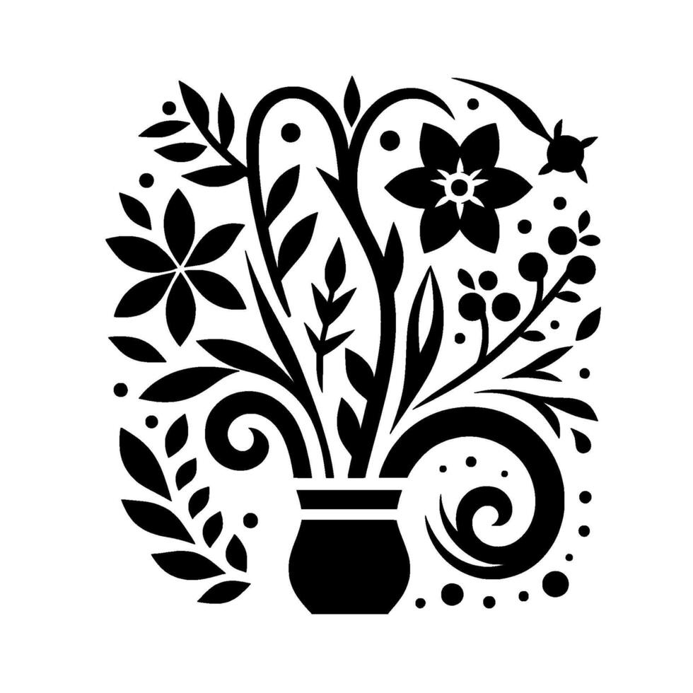 Bold Black White Floral Arrangement Silhouette in Vase, Geometric Style with Spirals, Flowers, Leaves, and Berries on White Background. vector
